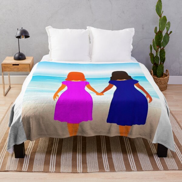 Item preview, Sunny beach and ocean landscape. Two young girlfriends hold hands facing the turquoise ocean. Colorful abstract ocean landscape wall art as prints, on canvas, or large posters (many print sizes). designed and sold by JoelsCorner.