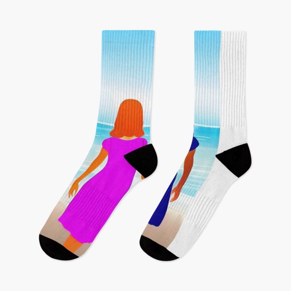 Item preview, Sunny beach and ocean landscape. Two young girlfriends hold hands facing the turquoise ocean. Colorful abstract ocean landscape wall art as prints, on canvas, or large posters (many print sizes).  designed and sold by JoelsCorner.