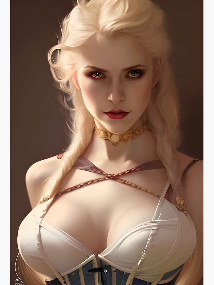 Sexy Blonde Vampire in White Corset Dress with Gold Choker - Sexy