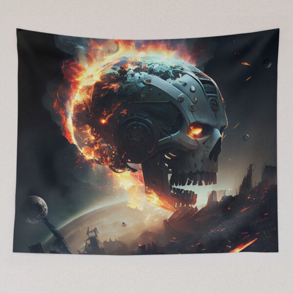 Item preview, Robotic Cyberpunk Skull on Fire Digital Painting designed and sold by CodeAndColors.