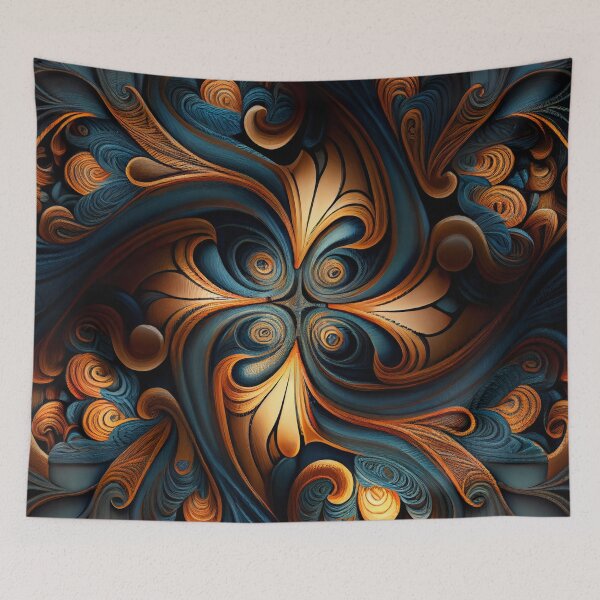 Aperçu de l'œuvre Dark Stitched Orange and Blue Swirl Pattern Digital Painting créée et vendue par CodeAndColors.