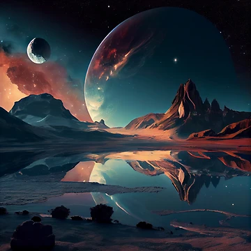 Imagen de la obra Breathtaking Alien Planet Landscape with Giant Planets Digital Painting de CodeAndColors
