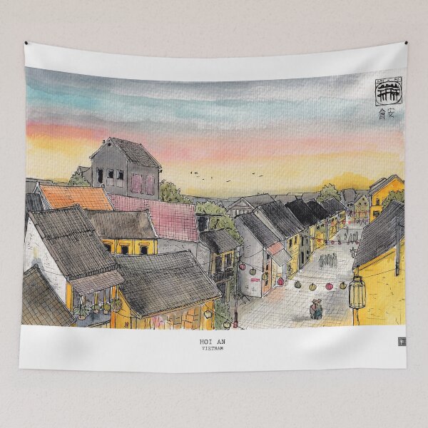 Item preview, Hoi An Cityscape Top View Vietnam Illustration designed and sold by Wall-Art-Sketch.
