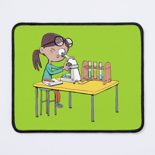 Item preview, girl with a microscope is doing an experiment and writing down the details designed and sold by duxpavlic.