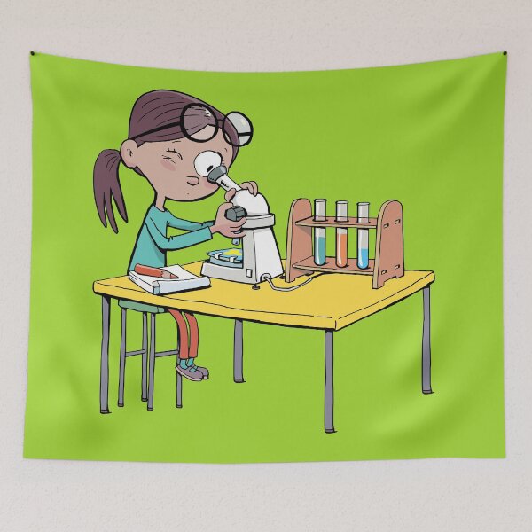Item preview, girl with a microscope is doing an experiment and writing down the details designed and sold by duxpavlic.