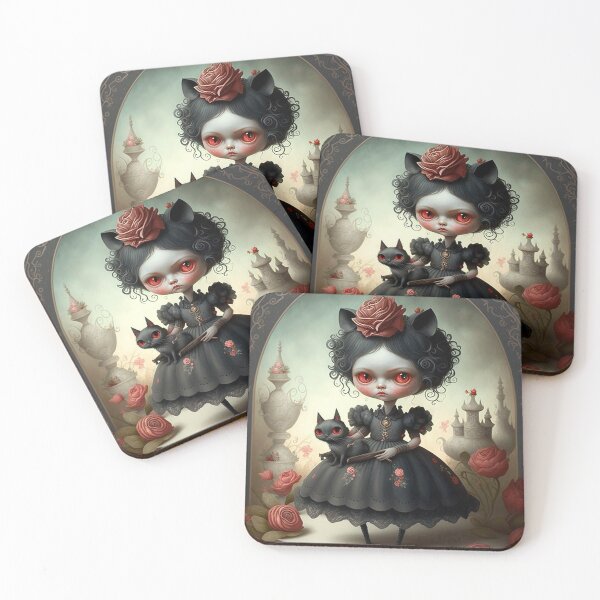 Item preview, Little devil doll with black cat in a surreal landscape designed and sold by ladarkepoque.