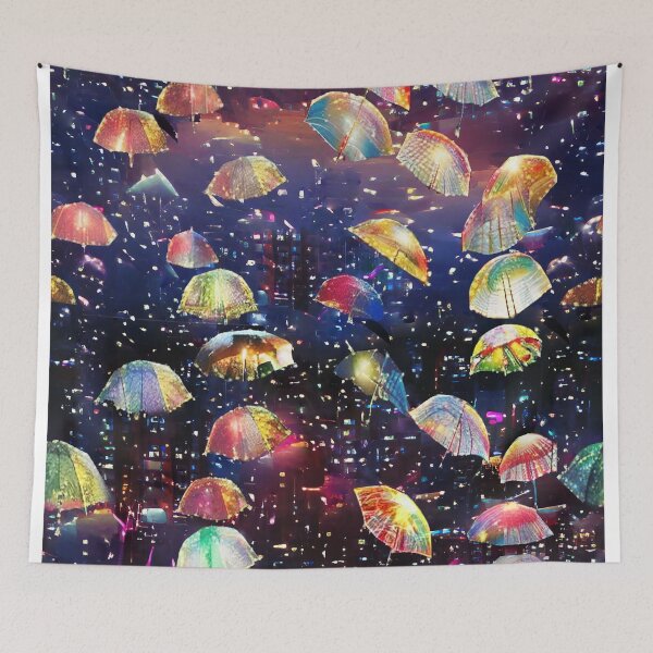Item preview, umbrellas, street, evening sky, lanterns umbrellas, abstract art, bright lights, celestial jellyfish designed and sold by Maria Mihailova.