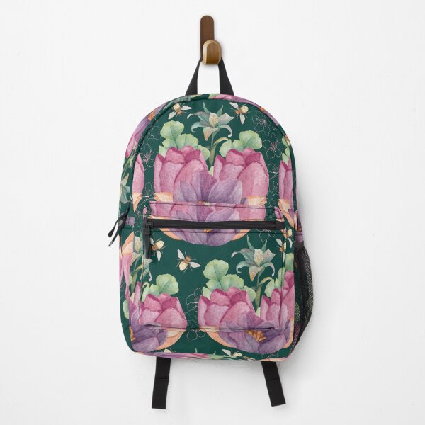 Item preview, Flowers with bees in green background designed and sold by Surface Pattern Studio.