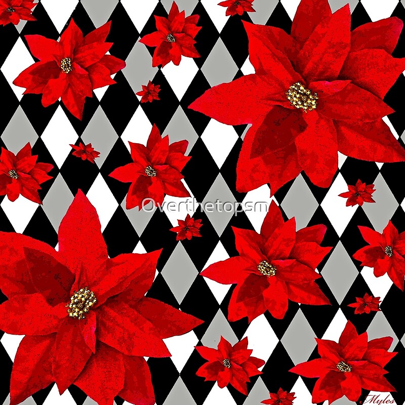 "Poinsettia Red and Harlequin Pattern" by Overthetopsm Redbubble