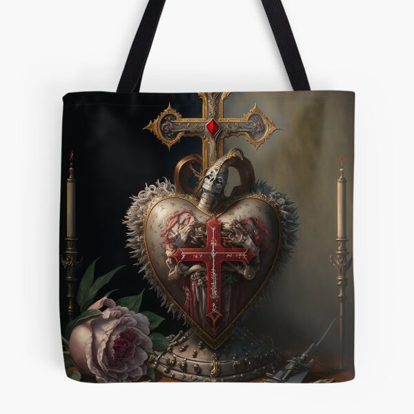 Item preview, Renaissance still life oil painting with Sacred Heart, sword and cross designed and sold by ladarkepoque.
