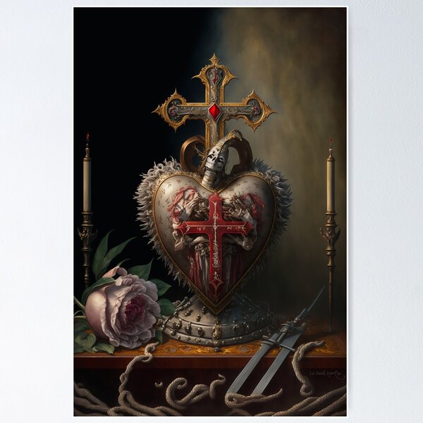Item preview, Renaissance still life oil painting with Sacred Heart, sword and cross designed and sold by ladarkepoque.