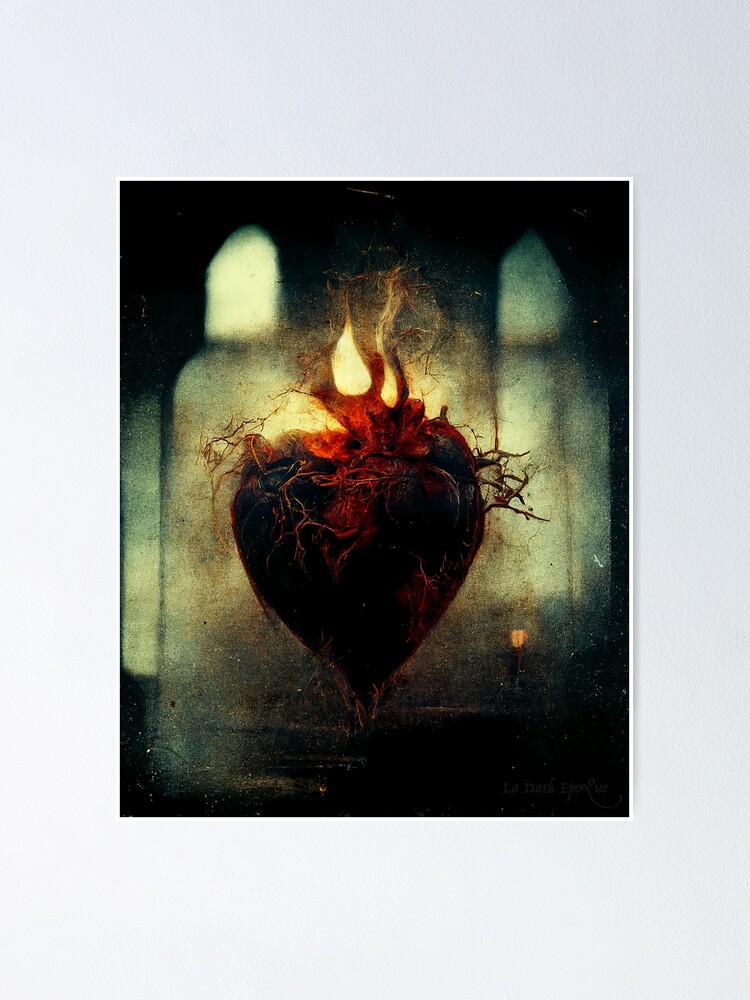 Old Vintage Photo of Sacred Heart with flame, dark gothic retro grungy |  Poster