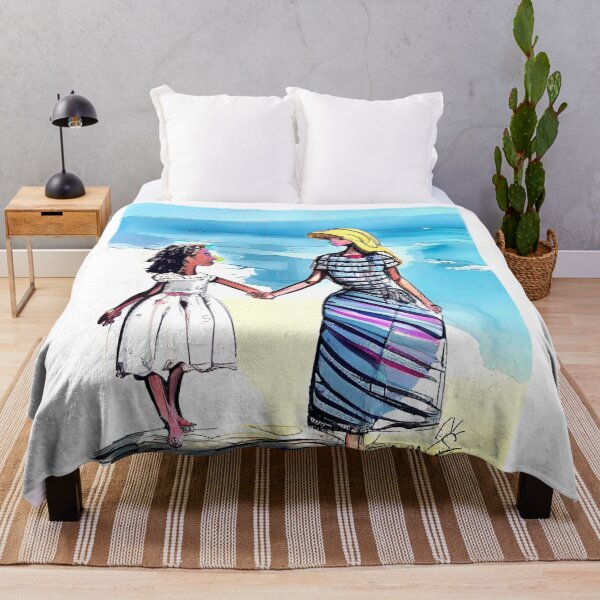 Item preview, Mother and daughter hold hands walking on beach. Colorful, abstract, watercolor portrait wall art as prints, on canvas, or large posters (many print sizes). designed and sold by JoelsCorner.
