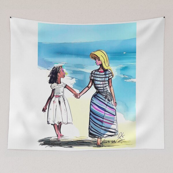Item preview, Mother and daughter hold hands walking on beach. Colorful, abstract, watercolor portrait wall art as prints, on canvas, or large posters (many print sizes).  designed and sold by JoelsCorner.