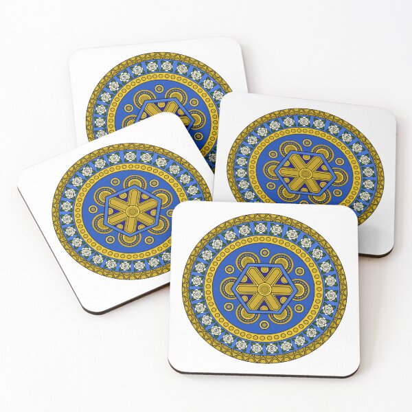Item preview, Circular pattern in blue and gold with white roses on white designed and sold by Encie-Designs.