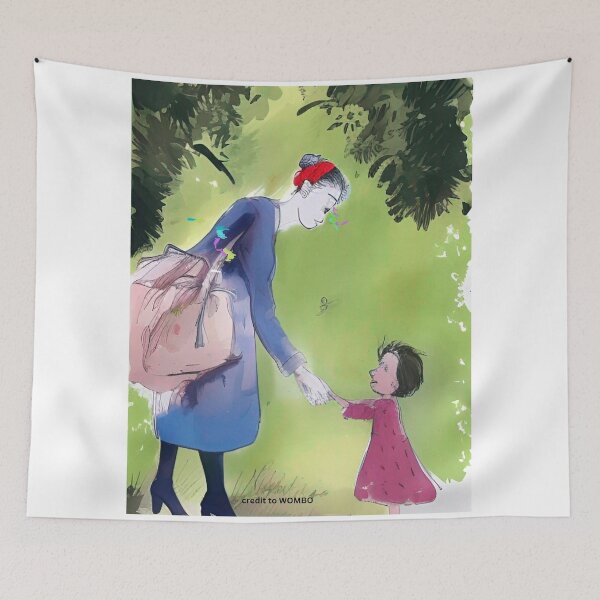 Item preview, Mother and little daughter hold hands surrounded by green trees, watercolor style art. Colorful abstract portrait wall art as prints, on canvas, or large posters (many print sizes).  designed and sold by JoelsCorner.