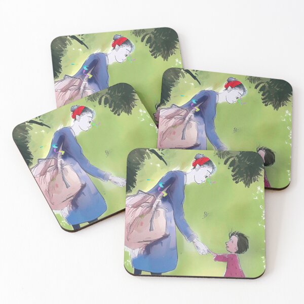Item preview, Mother and little daughter hold hands surrounded by green trees, watercolor style art. Colorful abstract portrait wall art as prints, on canvas, or large posters (many print sizes).  designed and sold by JoelsCorner.