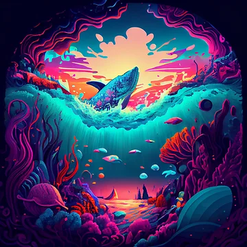 Imagen de la obra Beautiful Ocean Scene with Whale Digital Painting de CodeAndColors