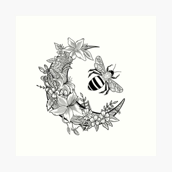 Aperçu de l'œuvre Moonflower avec abeille noir et blanc créée et vendue par MagicStrawberry.