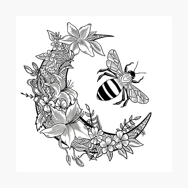 Aperçu de l'œuvre Moonflower avec abeille noir et blanc créée et vendue par MagicStrawberry.