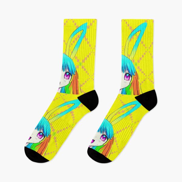 Item preview, Anime girl, yellow, black, blue, rainbow, socks, cool, kids, trending, modern, gift  designed and sold by MMTMK.