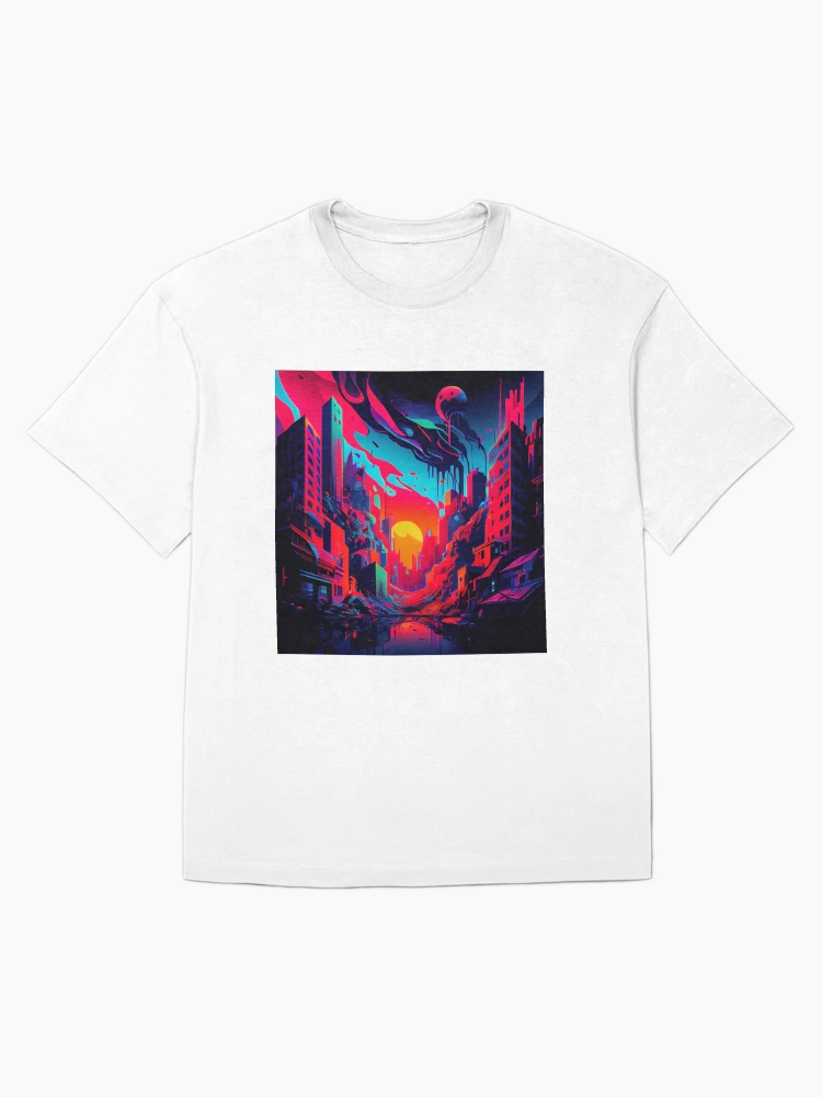 Imagen 1 de 7, Camiseta oversize con la obra Bright Flat Cityscape at Sunset Digital Painting, diseñada y vendida por CodeAndColors.