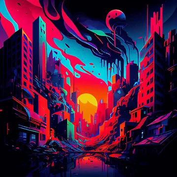 Imagen de la obra Bright Flat Cityscape at Sunset Digital Painting de CodeAndColors