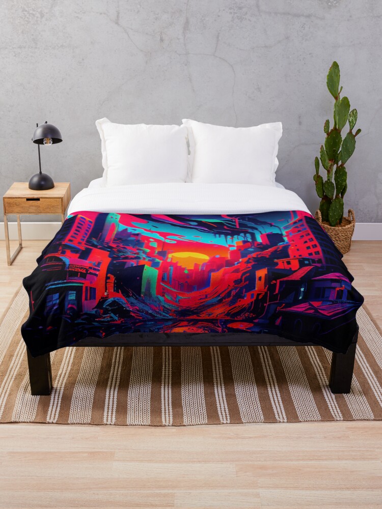 Imagen 1 de 6, Manta con la obra Bright Flat Cityscape at Sunset Digital Painting, diseñada y vendida por CodeAndColors.