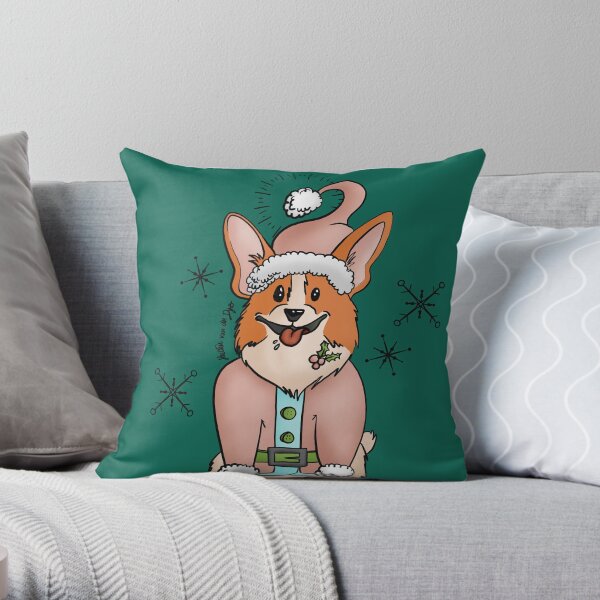 Vintage Pink Santa Corgi on emerald Green Throw Pillow
