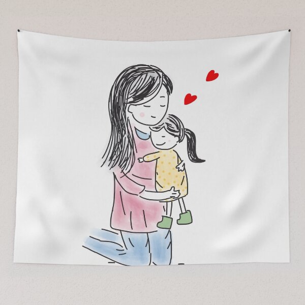 Item preview, Mother holds young daughter she loves in her arms. Illustration wall art. Colorful, abstract, family portrait wall art as prints, on canvas, or large posters (many print sizes).  designed and sold by JoelsCorner.