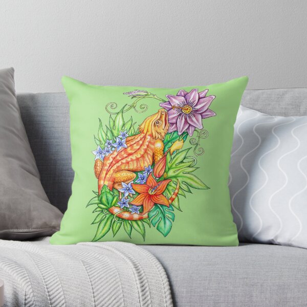 Bearded dragon in flowers Throw Pillow