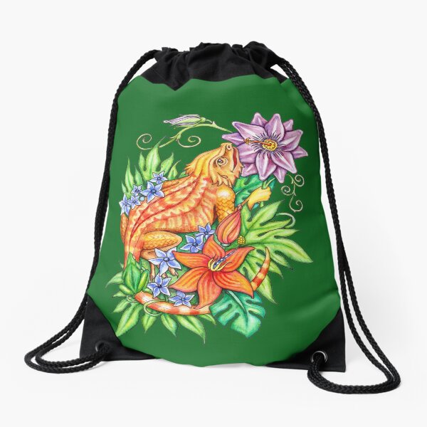 Bearded dragon in flowers Drawstring Bag