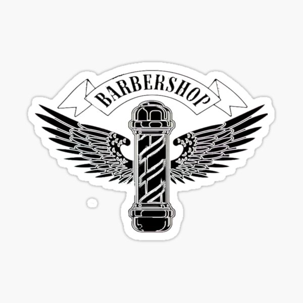 sign white with black writing features barber pole and