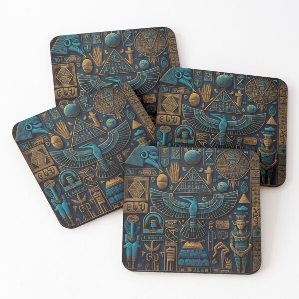Item preview, Olden Egyptian blue and yellow pictograms and hieroglyphs ancient religious and cryptic pattern designed and sold by ArtifactVault.