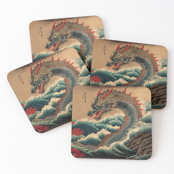 Item preview, Huge ancient, scaled dragon rising though ocean waves an ukiyo-e style woodblock print designed and sold by ArtifactVault.