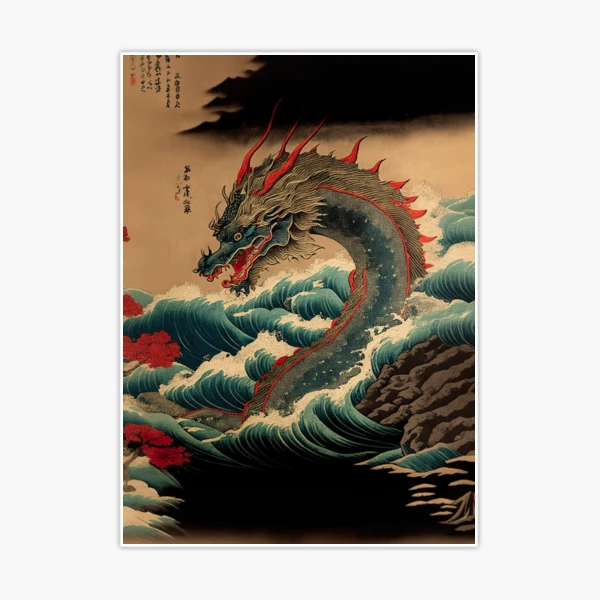 Huge ancient, scaled dragon rising though ocean waves an ukiyo-e