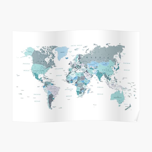 Map of the World in shades of Teal Poster