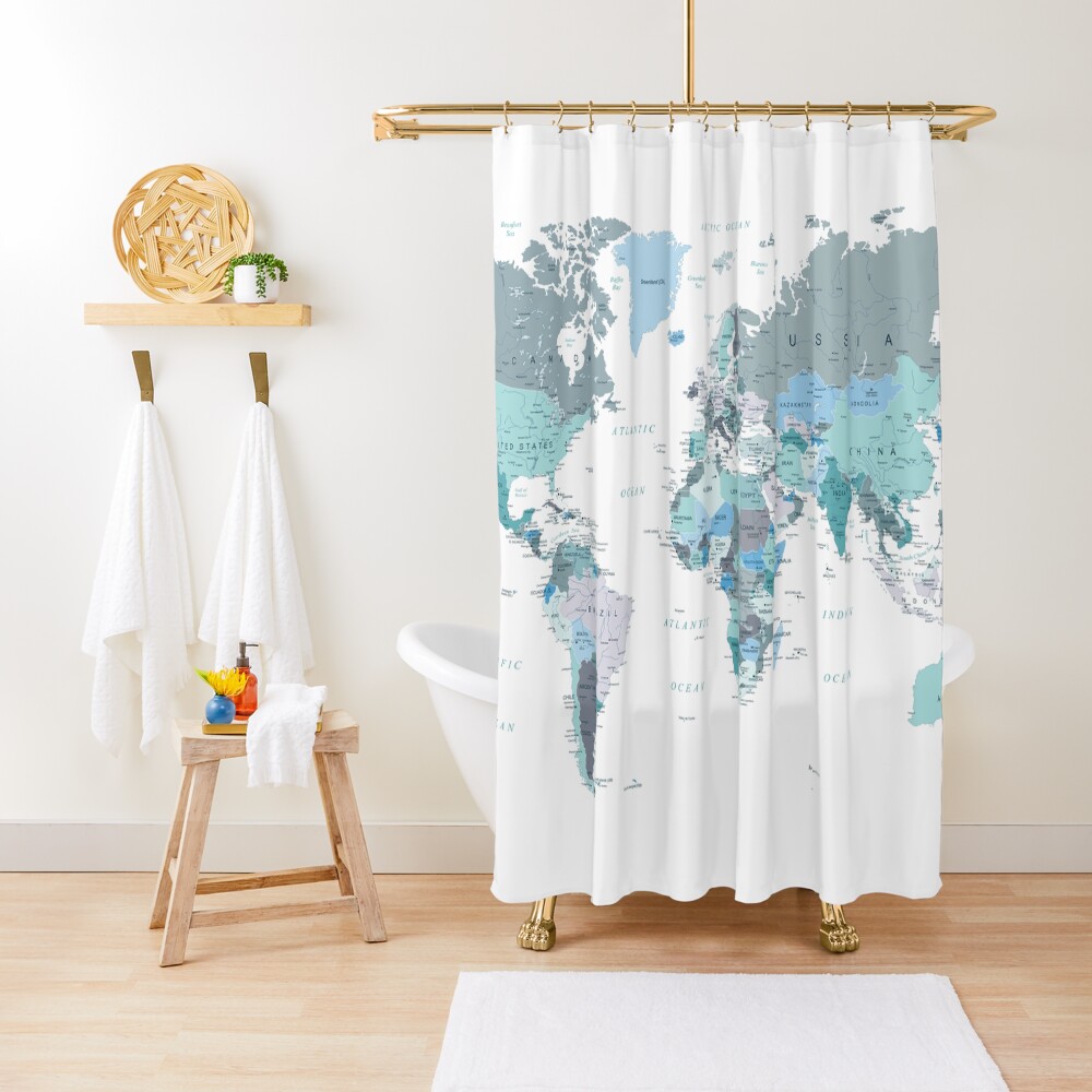 Map of the World in shades of Teal Shower Curtain