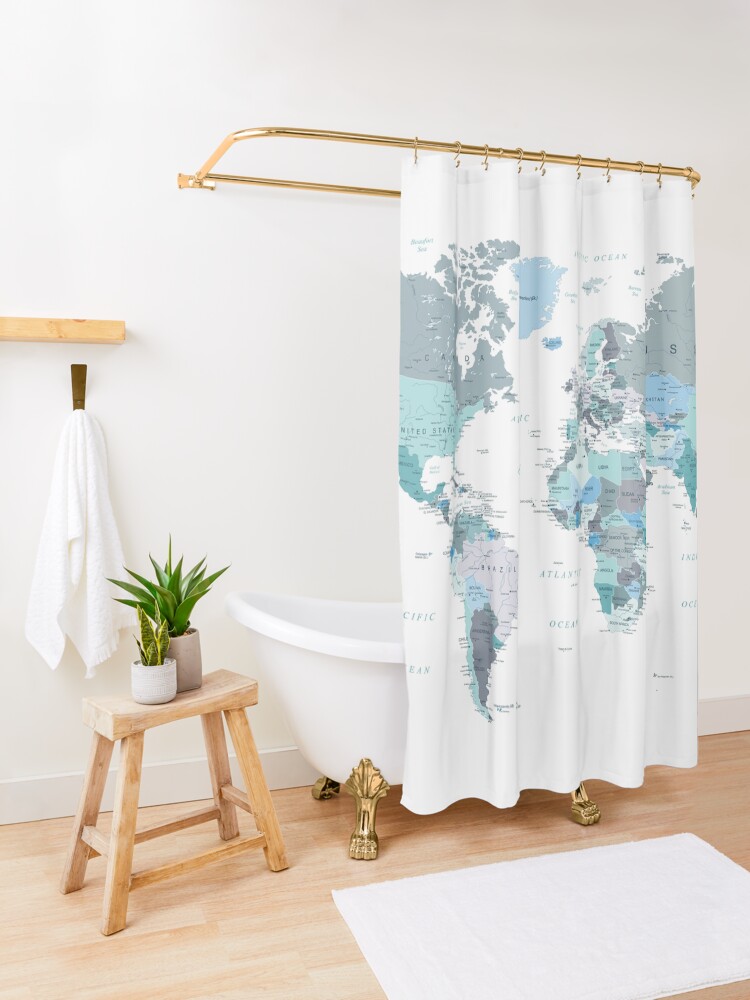 Alternate view of Map of the World in shades of Teal Shower Curtain