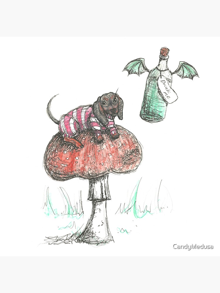 Thumbnail 3 of 3, Sticker, Cheshire Dachshund. Sausage Dog on a mushroom illustration. designed and sold by CandyMedusa.
