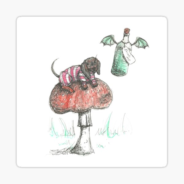Cheshire Dachshund. Sausage Dog on a mushroom illustration. Sticker