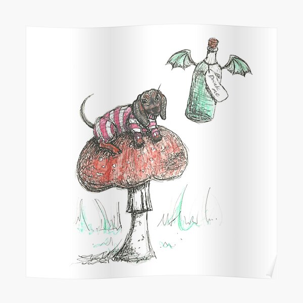 Cheshire Dachshund. Sausage Dog on a mushroom illustration. Poster