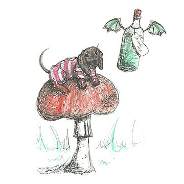Artwork thumbnail, Cheshire Dachshund. Sausage Dog on a mushroom illustration. by CandyMedusa