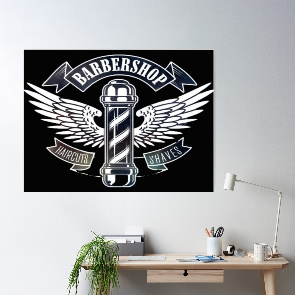 Barbershop sign black with white writing, features barber pole with wings  Poster for Sale by Vintage Hustle