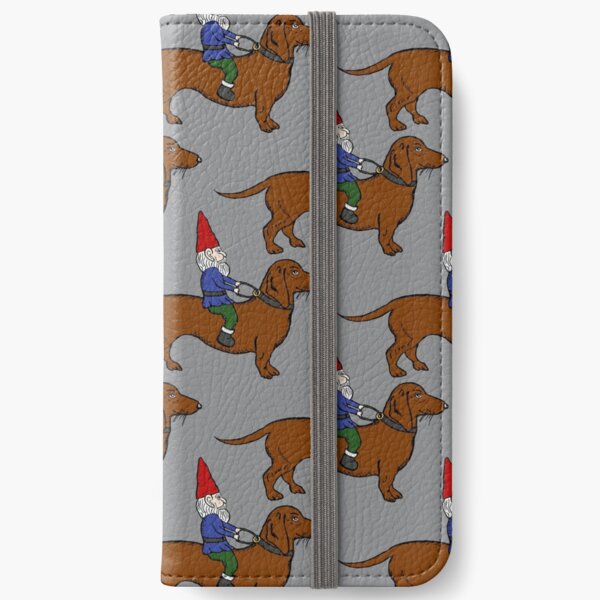 Gnome Riding a Dachshund Pattern, Gray Background iPhone Wallet
