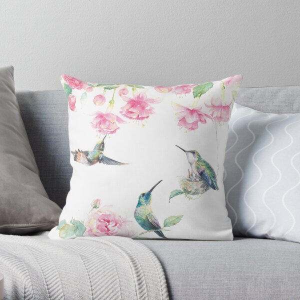 "Paradise" - watercolor hummingbirds and fuschia garden Throw Pillow