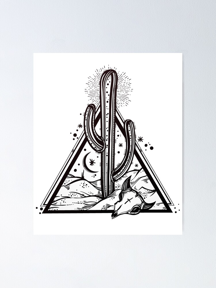 Alternate view of Cactus with Cow Skull Desert Scene inside Sacred Geometry Pyramid Poster