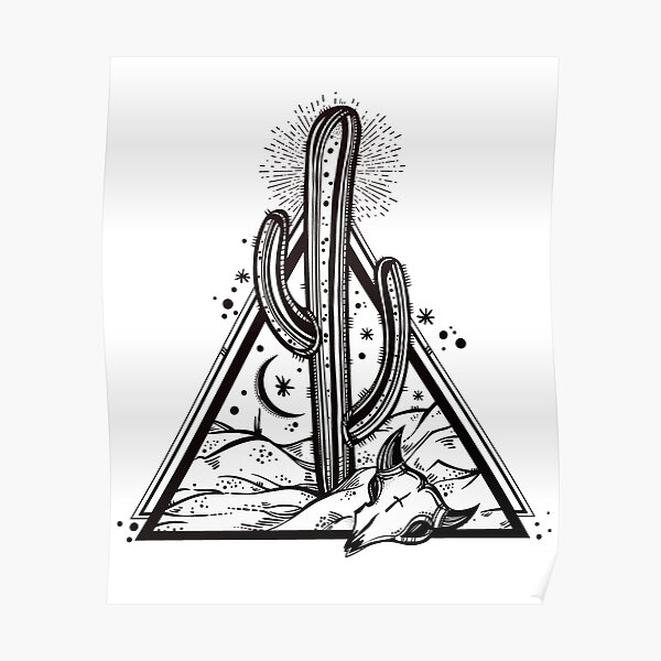 Cactus with Cow Skull Desert Scene inside Sacred Geometry Pyramid Poster