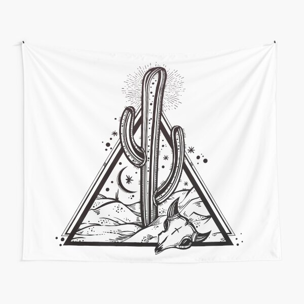 Cactus with Cow Skull Desert Scene inside Sacred Geometry Pyramid Tapestry
