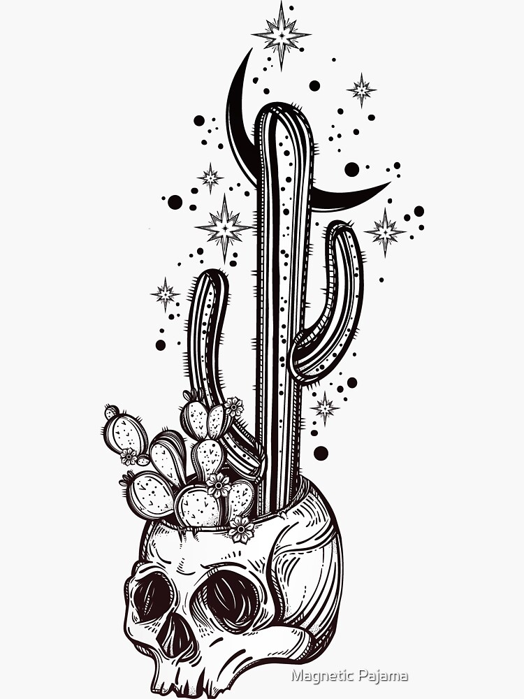 Cactus Growing from Skull in the Desert under Stars and Crescent Moon by MagneticMama
